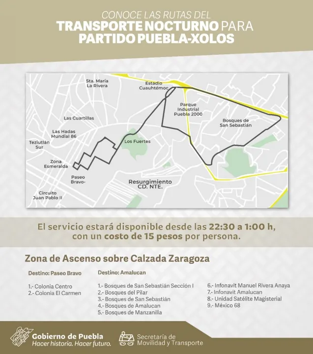 Con transporte nocturno, gobierno de Puebla garantizará movilidad al término del Puebla-Xolos