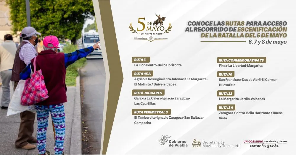 Recuerda Gobierno del Estado rutas de transporte público para escenificación de Batalla del 5 de Mayo