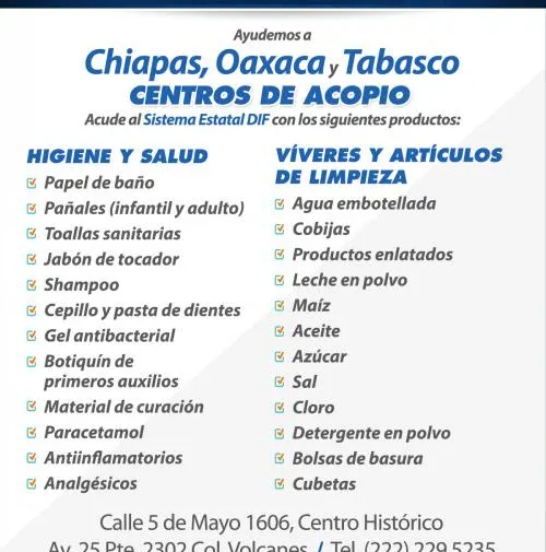Sistema Estatal DIF abre centros de acopio para apoyar a familias de Chiapas, Oaxaca y Tabasco