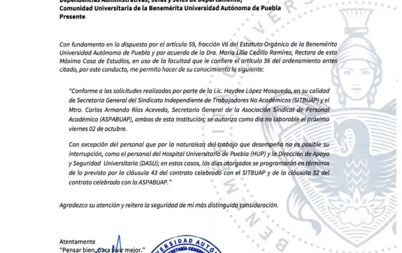 BUAP suspenderá actividades este viernes 2 de octubre; habrá puente para estudiantes
