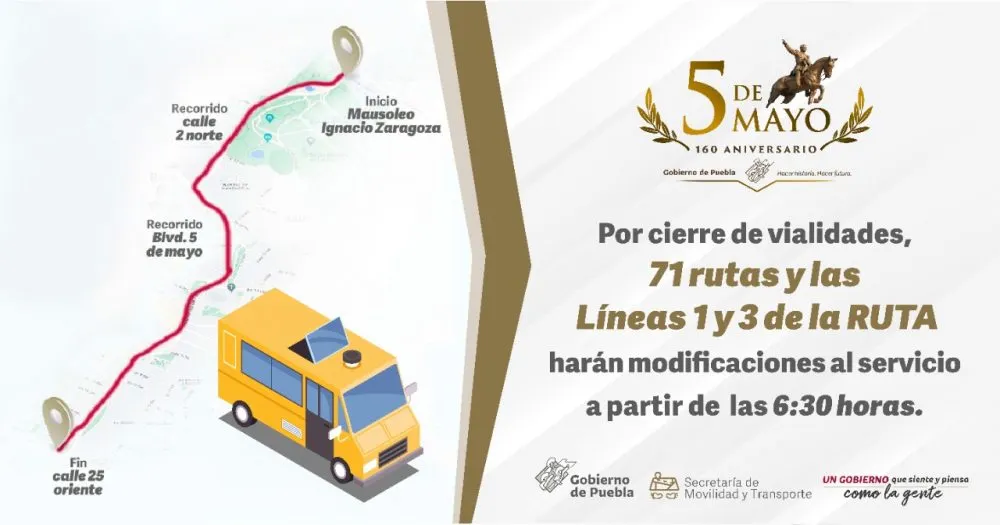 Anuncia SMT adecuaciones al transporte público y RUTA por desfile del 5 de Mayo