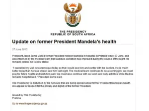 Presidencia de Sudáfrica pide respeto a intimidad de Mandela